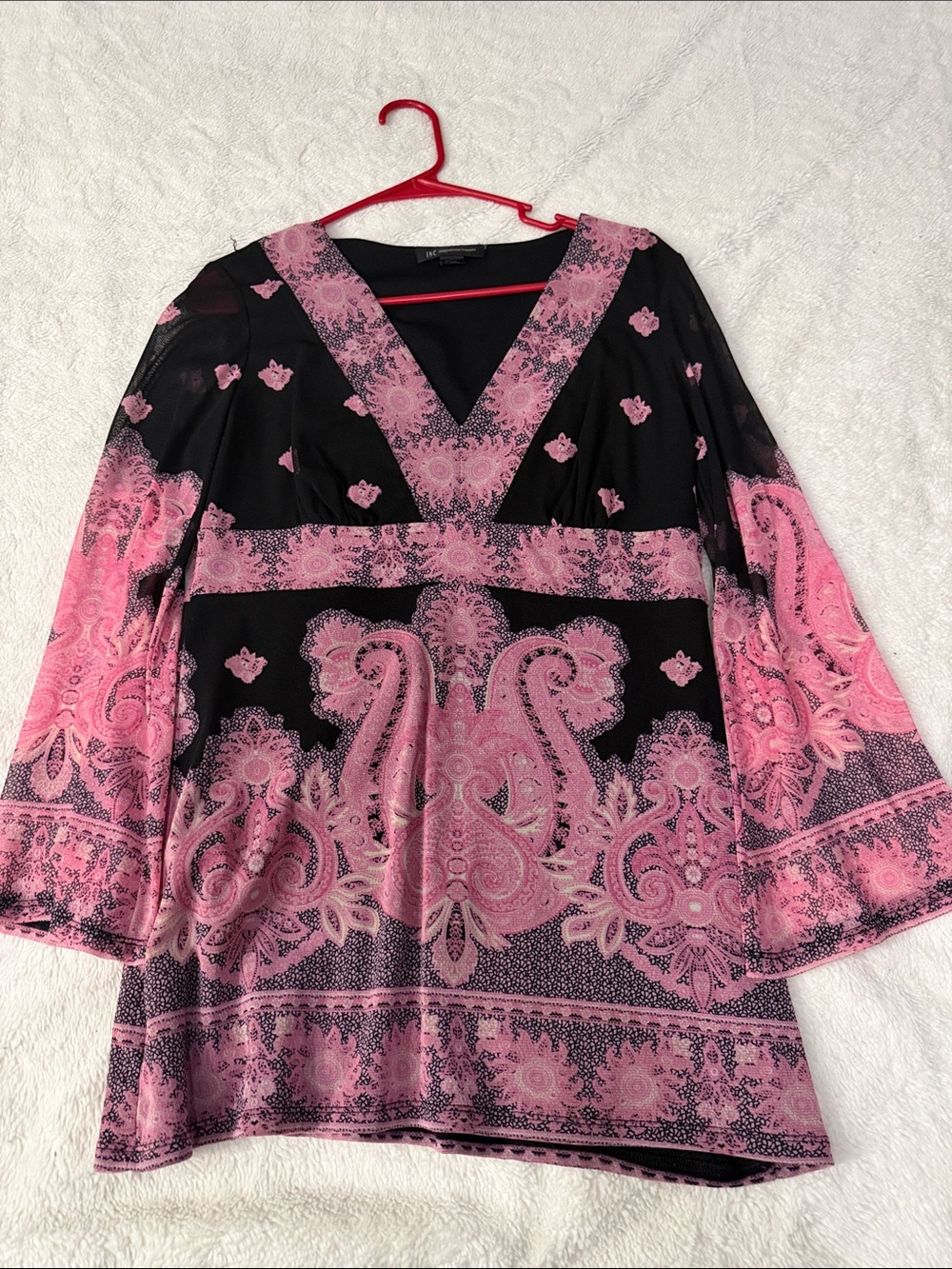 INC International Concepts Black and Pink Paisley V-Neck Tunic Dress